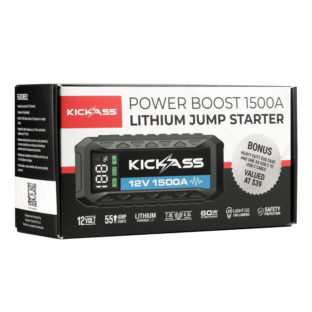 KickAss 12V, 1500A Portable Car Jump Starter with Power Bank - 3000A Peak - Image 9