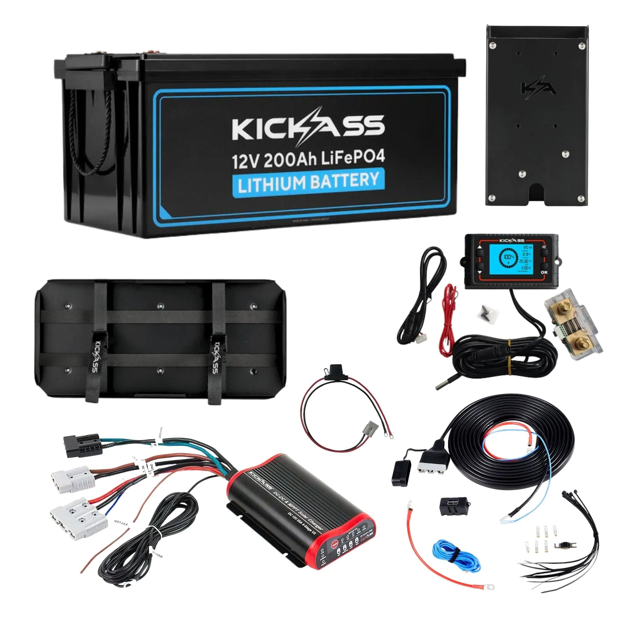KickAss 12V 200Ah Lithium Essentials Dual Battery Kit with 25A DCDC Charger, Shunt, Tray & Wiring