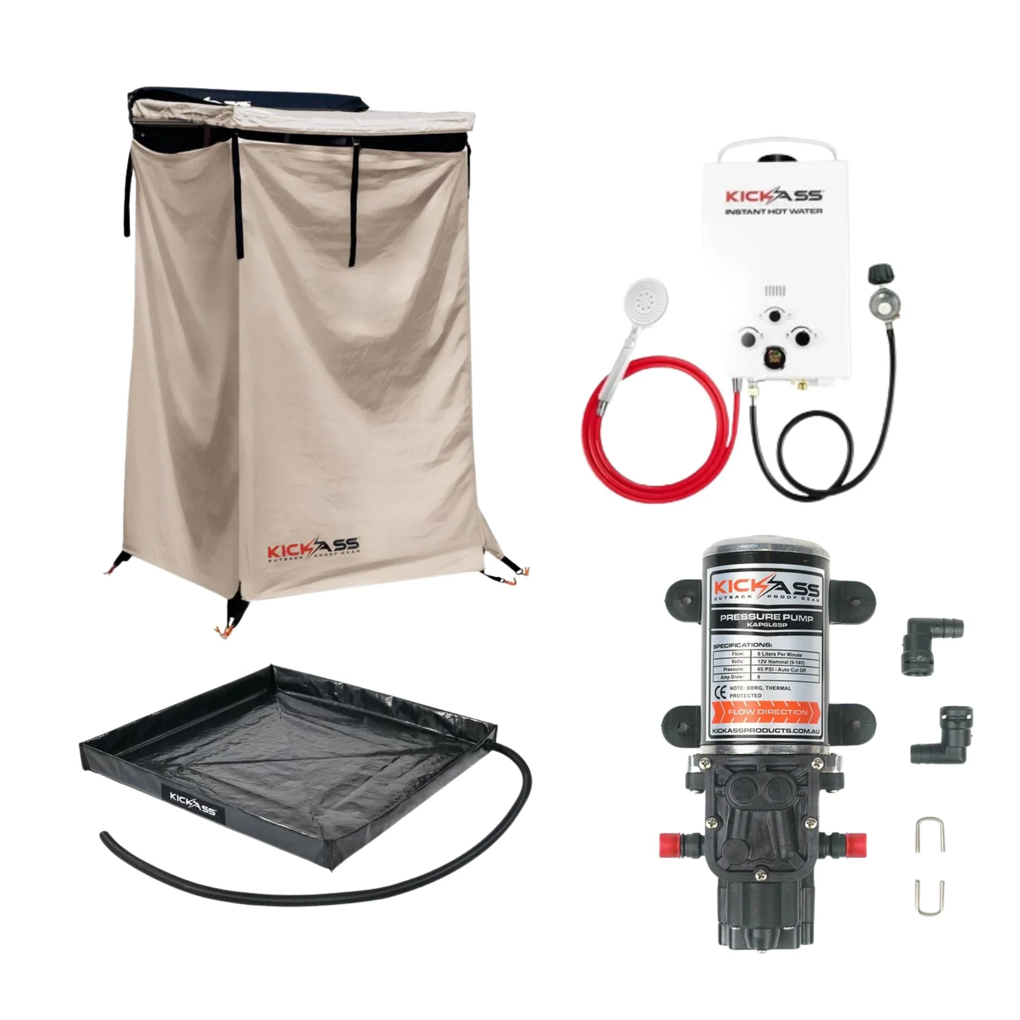 KickAss Premium Shower Awning Bundle with Instant Hot Water System, Water Pump, & Shower Base